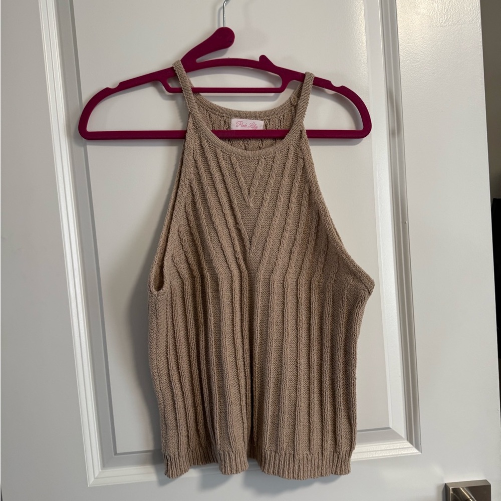 Pink Lily Tan Ribbed Knit Halter Top